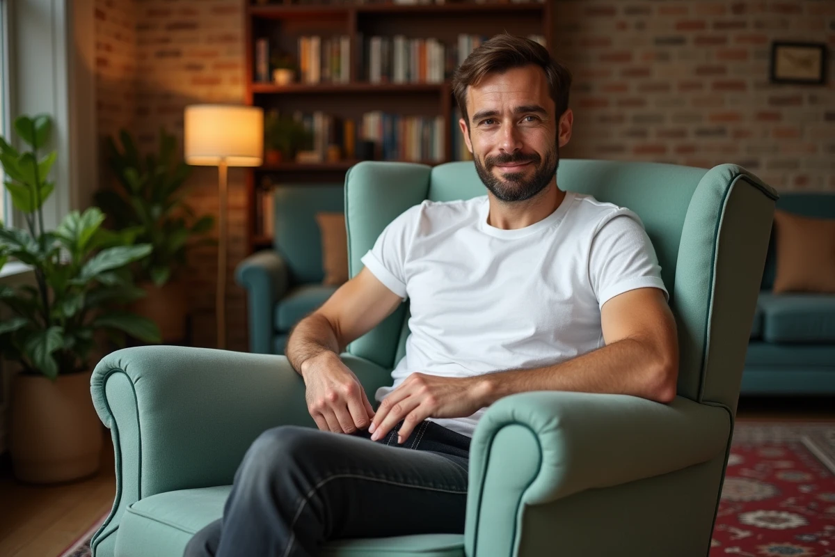 Homme inspectant la garniture verte d'un fauteuil vintage retapissé dans un salon chaleureux