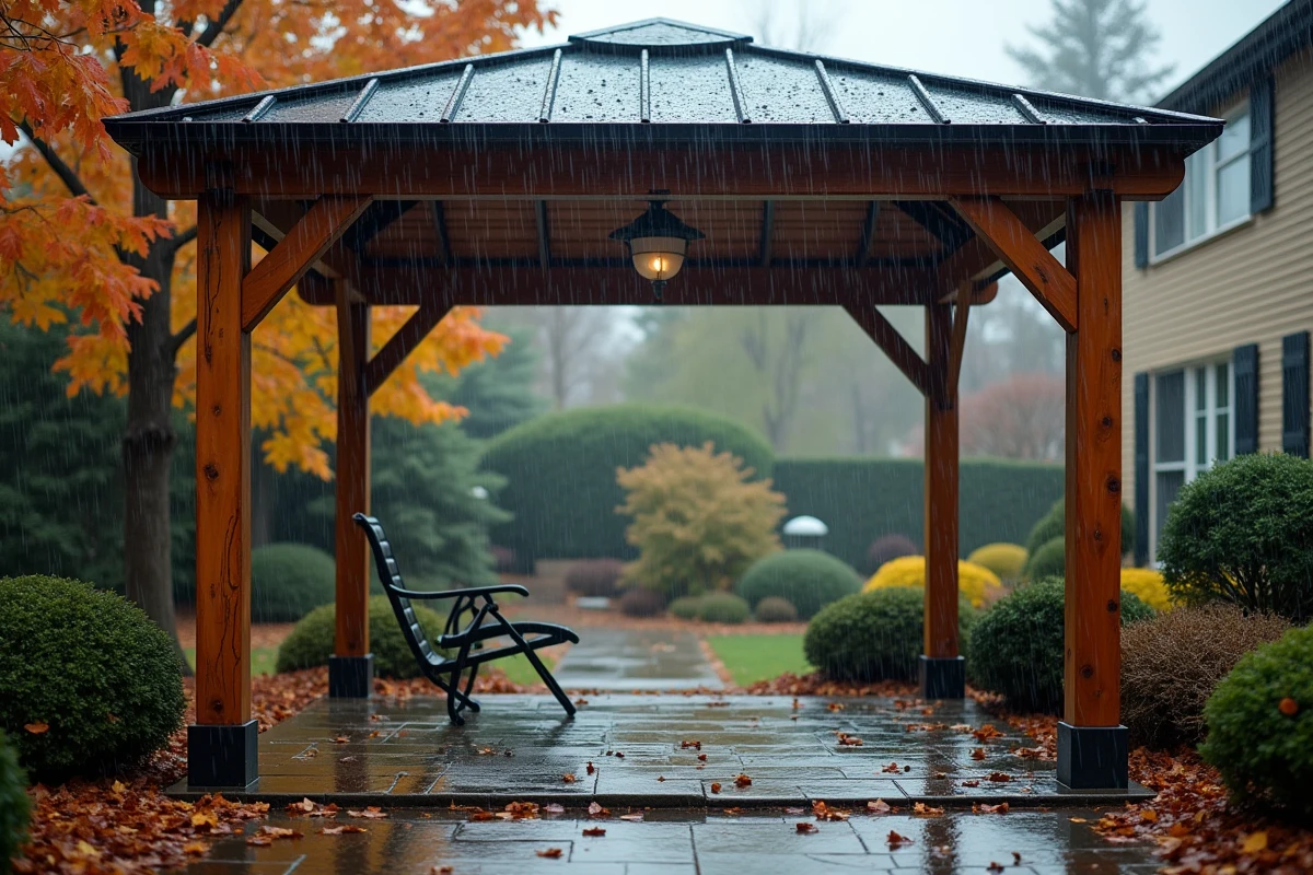 Gazebo en bois avec toit en polycarbonate sous une pluie d'automne, montrant la résistance de la structure aux intempéries saisonnières