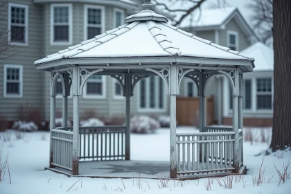 Gazebo blanc en métal recouvert de neige dans un jardin résidentiel en hiver, illustrant sa résistance aux intempéries toute l'année