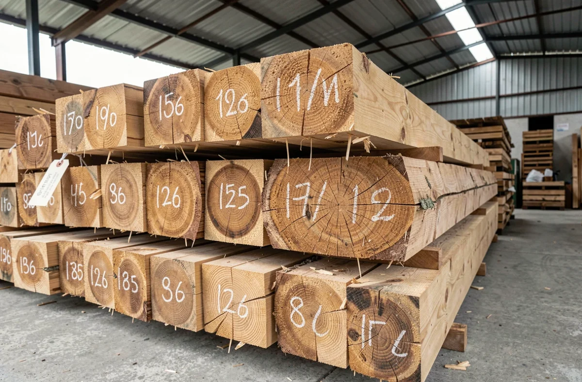 Gros plan sur des sections de bastaings et madriers avec étiquettes de prix dans un entrepôt de bois