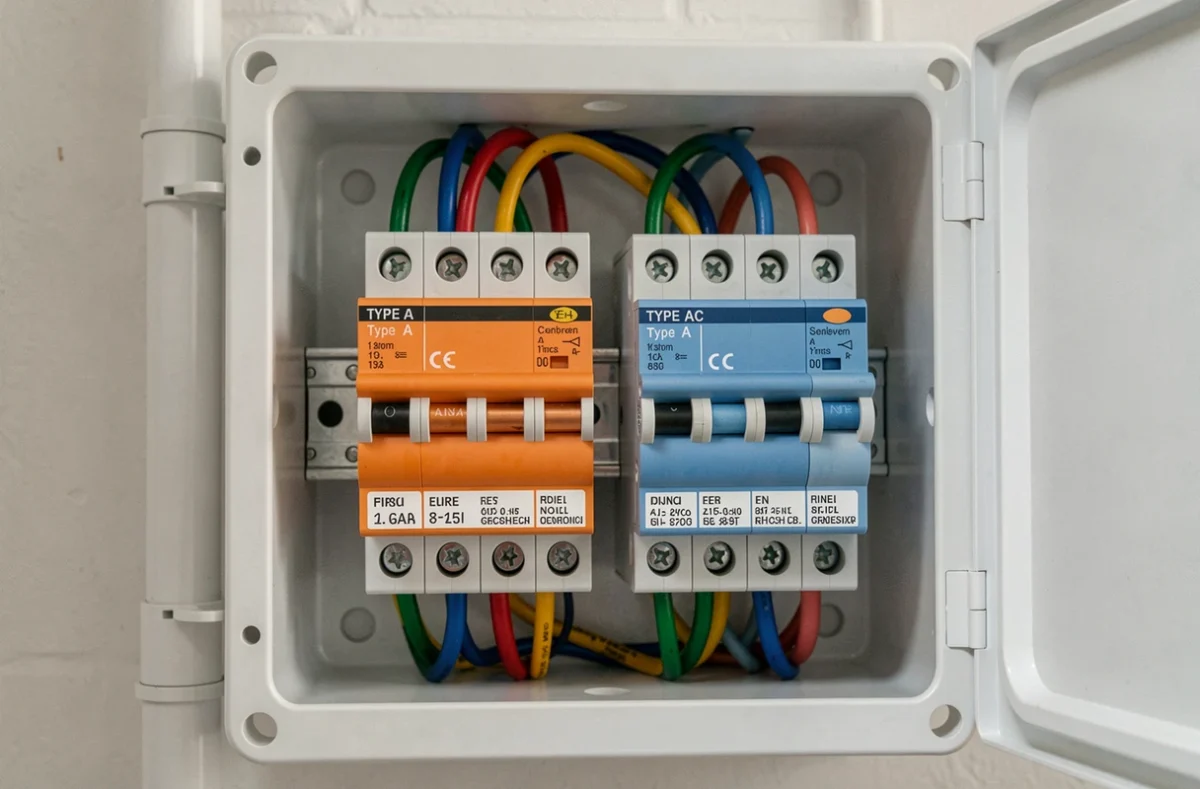 Gros plan sur deux disjoncteurs différentiels de type A et AC installés côte à côte dans un tableau électrique résidentiel rénové