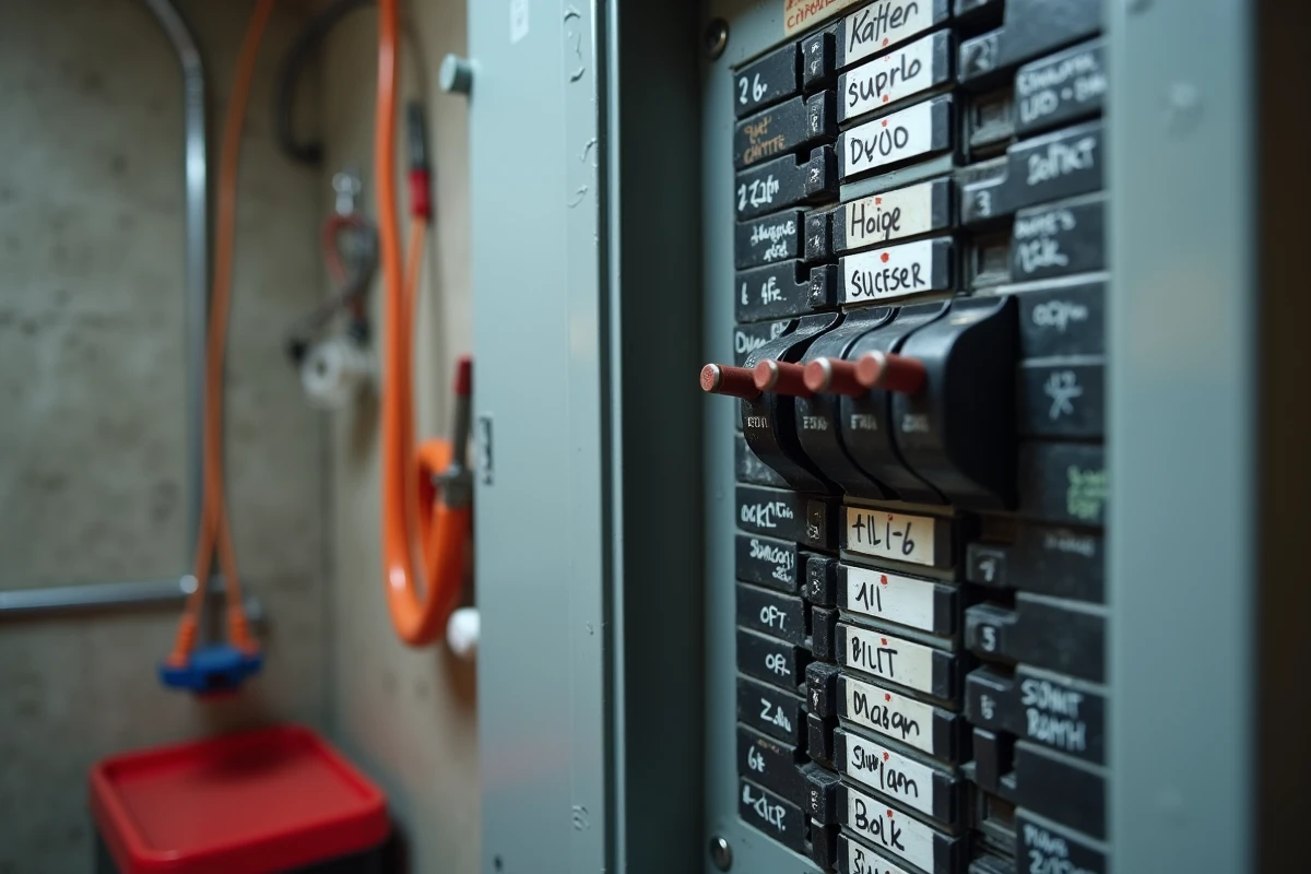 Gros plan sur un tableau électrique résidentiel avec un disjoncteur déclenché en position intermédiaire