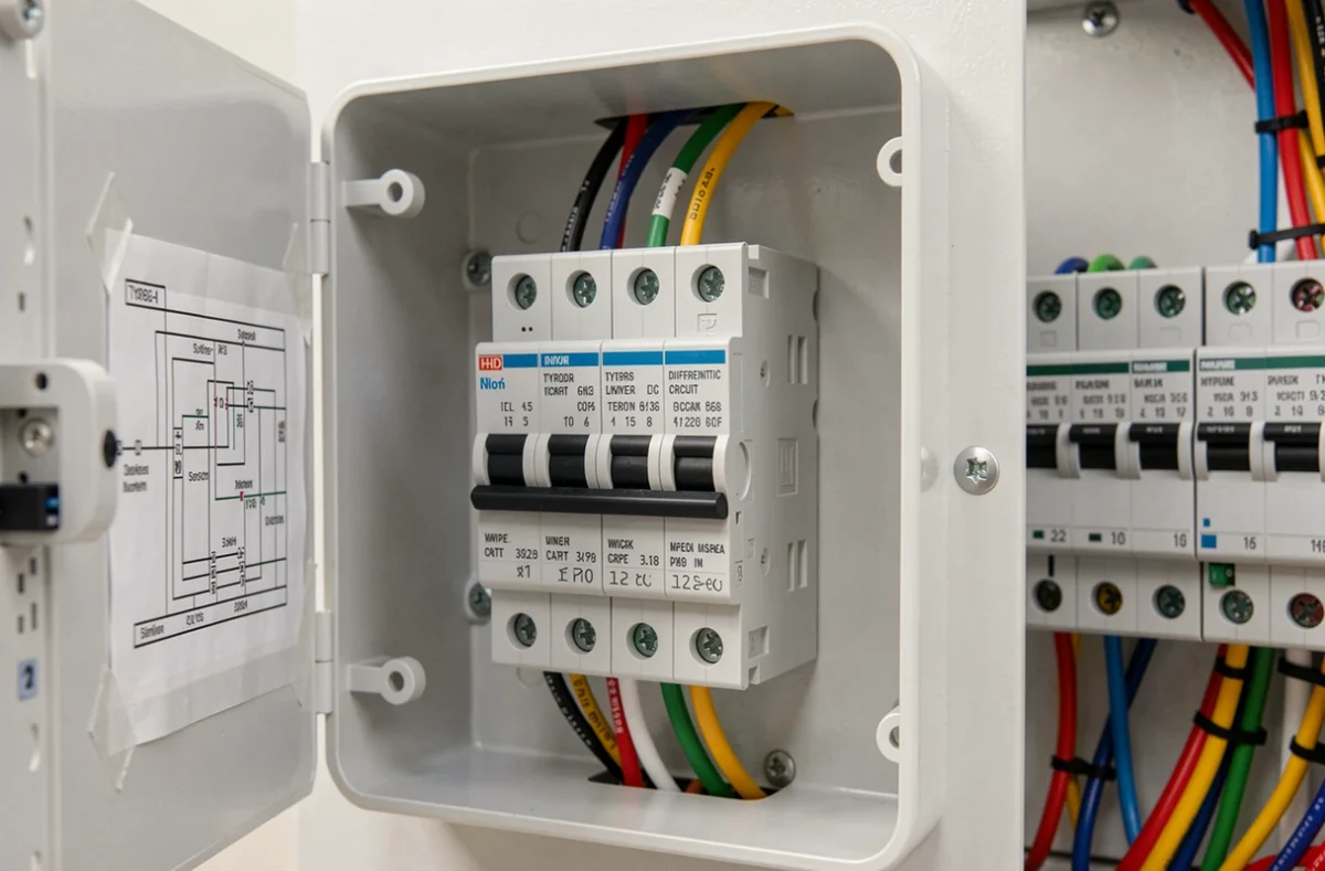 Gros plan sur un disjoncteur différentiel type A et son schéma de branchement à l'intérieur d'un tableau électrique