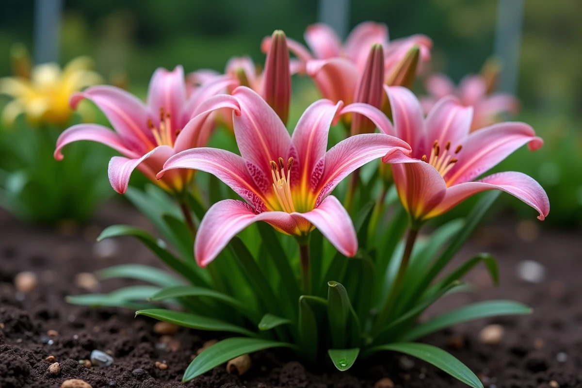 Gros plan de lys roses en fleurs avec des gouttes d'eau sur les pétales et le sol humide