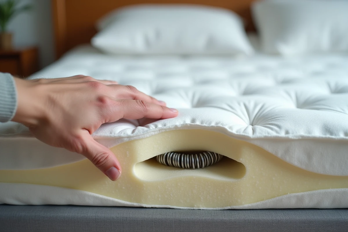 Gros plan sur un matelas usé et affaissé avec une main qui appuie dessus, montrant le manque de soutien responsable des maux de dos