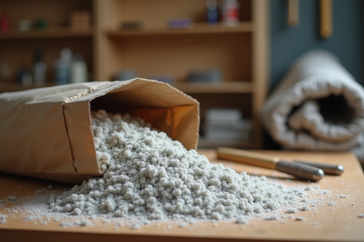 Gros plan sur de la ouate de cellulose en vrac dans un sac kraft ouvert posé sur une table en bois, révélant la texture fibreuse du matériau isolant recyclé