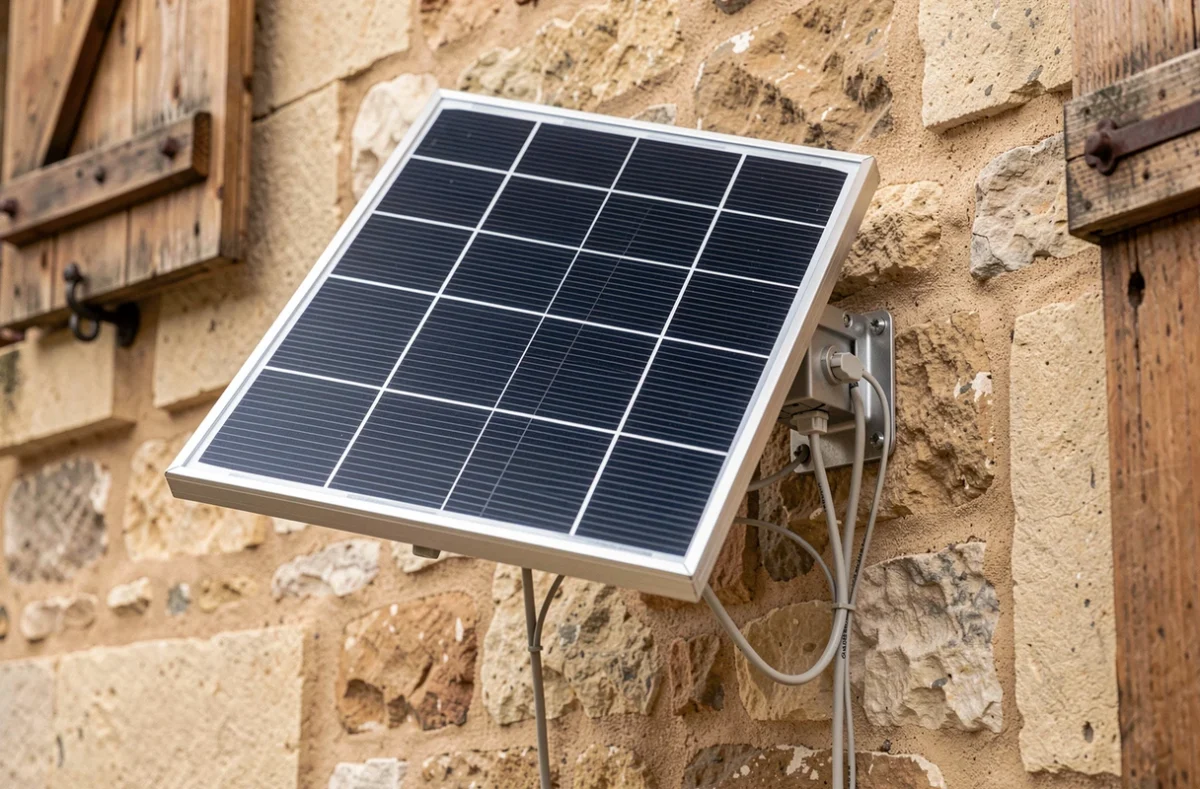 Gros plan sur un panneau solaire compact connecté à un moteur de volet roulant sur mur en pierre