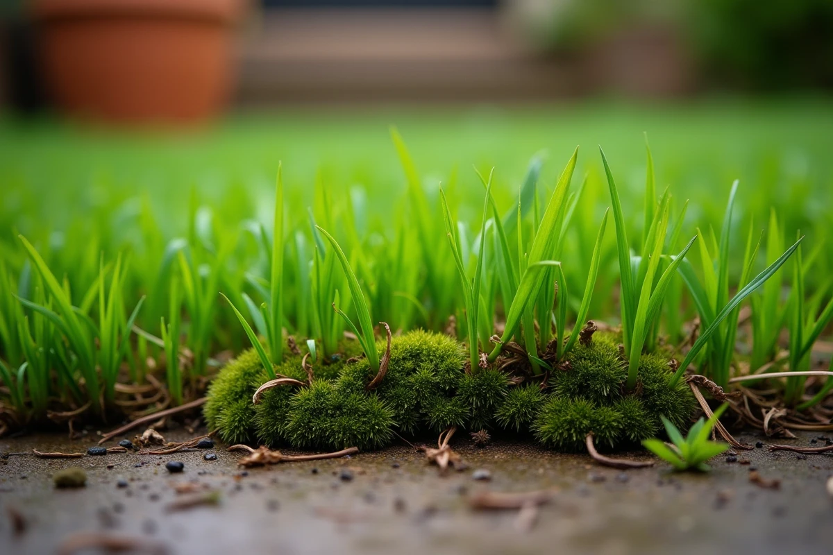 Gros plan sur une pelouse verte et saine avec un reste de mousse au sol après scarification et traitement