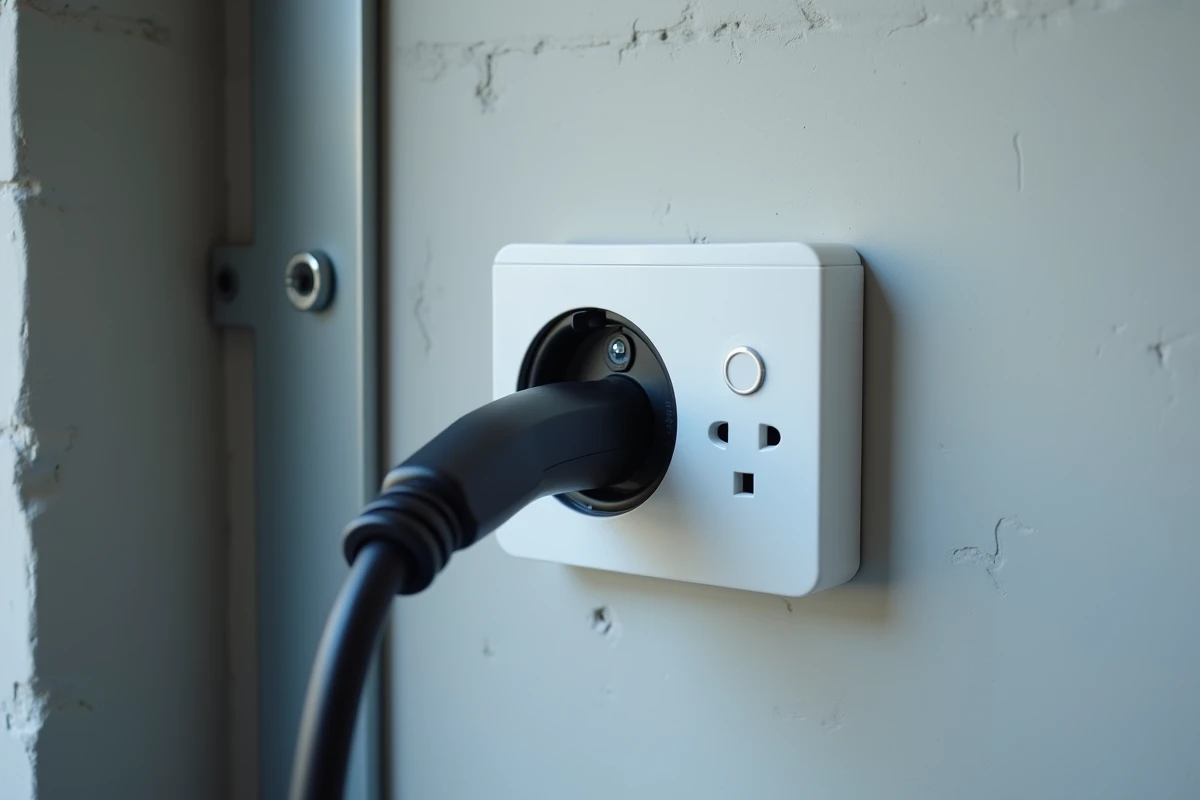 Gros plan sur une prise murale Type 2 pour borne de recharge électrique installée dans un garage domestique
