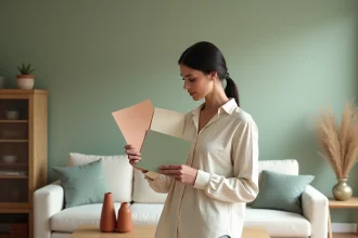 Femme comparant des nuanciers de couleurs contre un mur vert sauge dans un salon scandinave aux tons naturels harmonieux