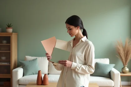 Femme comparant des nuanciers de couleurs contre un mur vert sauge dans un salon scandinave aux tons naturels harmonieux