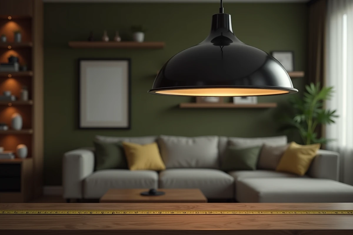 Suspension globe noire avec hauteur de pose mesurée dans un salon contemporain