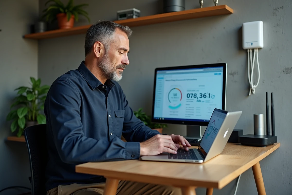Homme analysant les données de consommation énergétique de sa maison connectée sur ordinateur et tablette