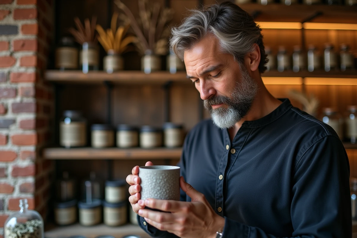 Homme d'âge moyen sentant une bougie artisanale dans une boutique indépendante aux murs en briques et étagères en bois