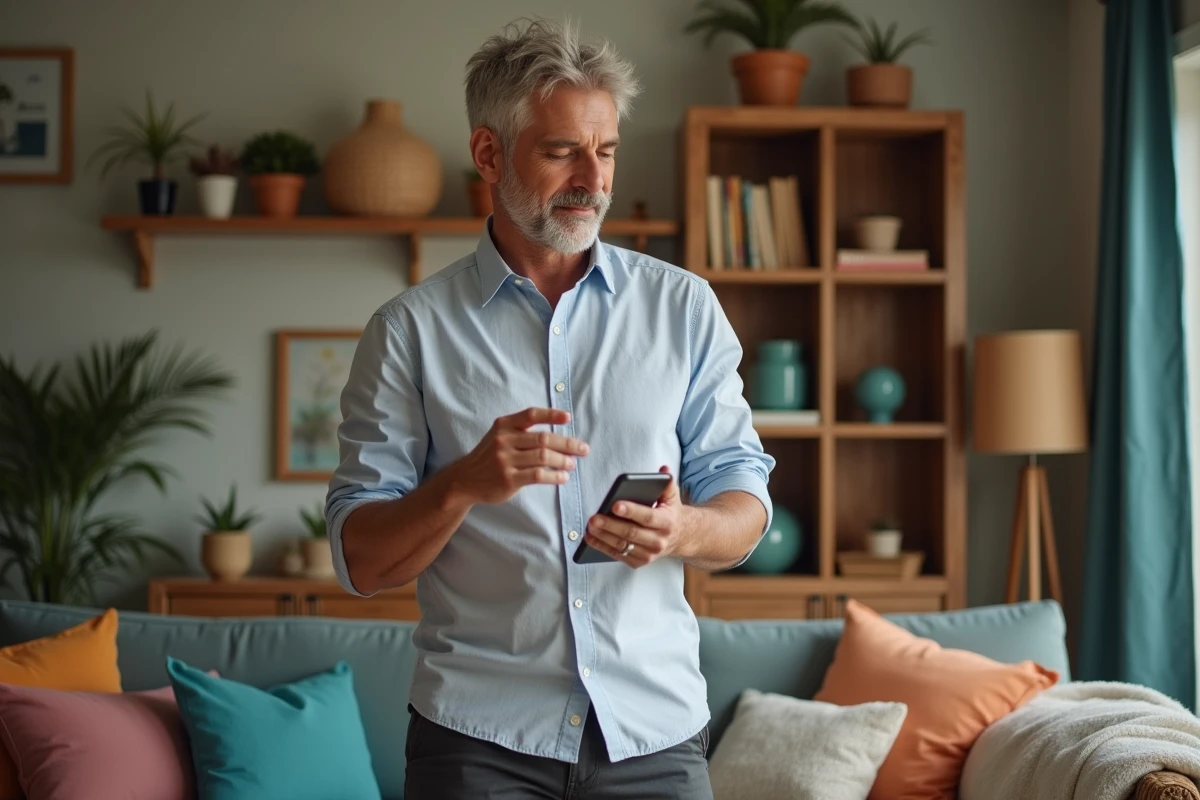 Homme comparant un produit Centrakor sur smartphone avec un article de décoration posé dans son salon