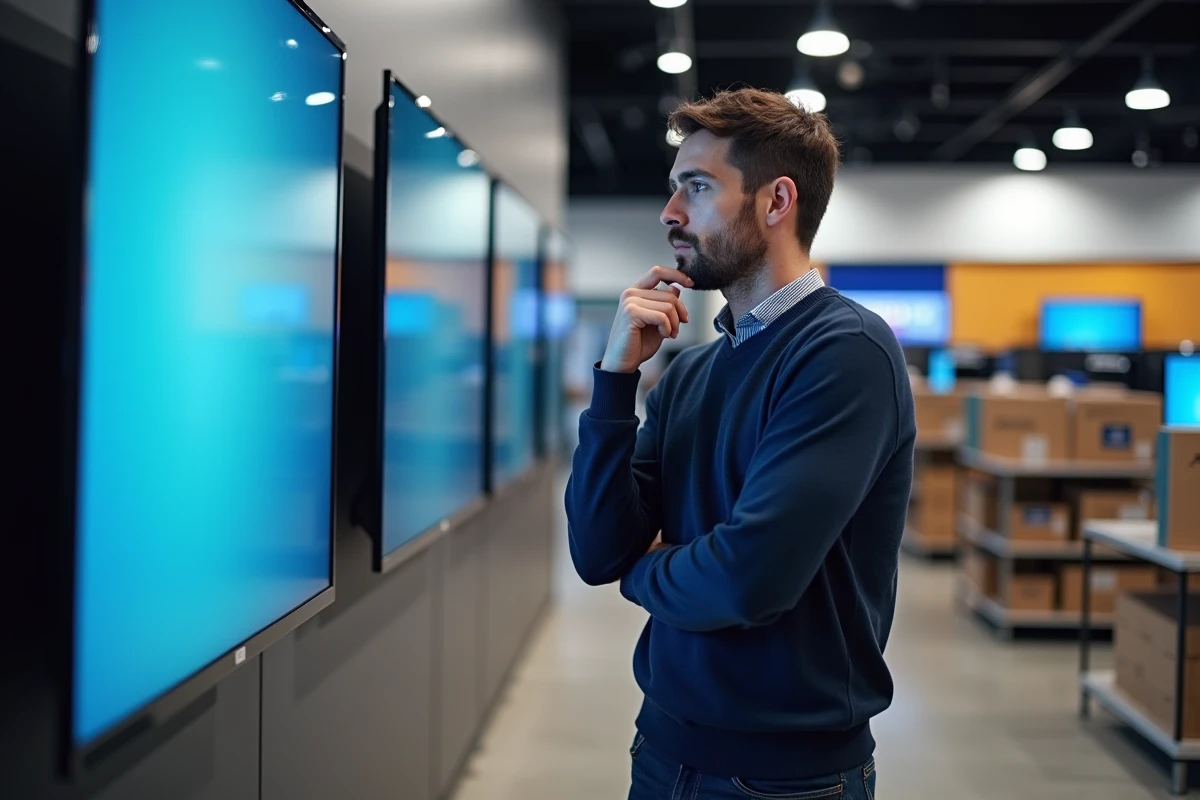 Homme comparant des téléviseurs QLED et Mini LED dans un magasin d'électronique