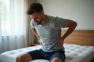 Homme assis sur le bord d'un matelas se tenant le bas du dos, illustrant les douleurs dorsales causées par un mauvais matelas