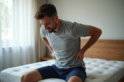 Homme assis sur le bord d'un matelas se tenant le bas du dos, illustrant les douleurs dorsales causées par un mauvais matelas