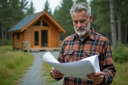 Homme consultant des plans devant un chalet en bois sur son terrain privé en zone rurale