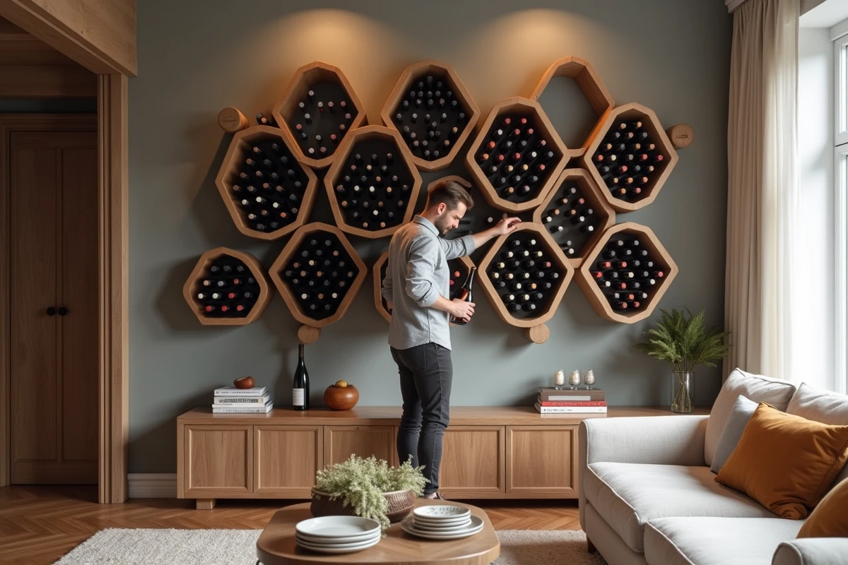 Homme choisissant une bouteille sur un porte-bouteille mural en bois fumé dans un salon chaleureux et contemporain
