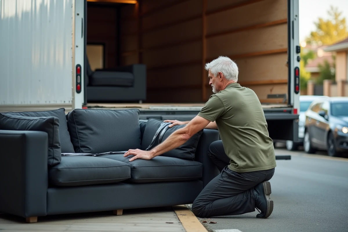 Homme d'âge mûr en train de protéger un canapé d'angle gris anthracite avec du film étirable à l'arrière d'un camion de déménagement dans une rue résidentielle