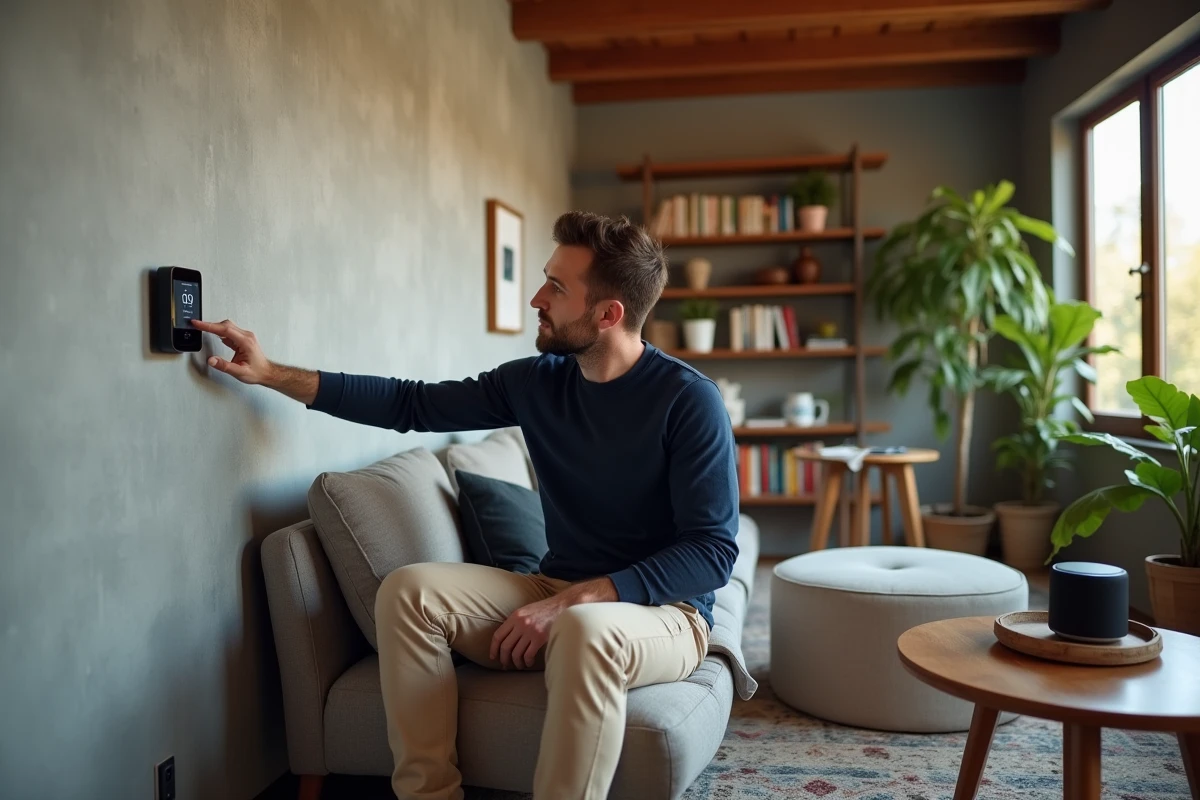 Homme réglant un thermostat intelligent dans un salon cosy avec des appareils connectés