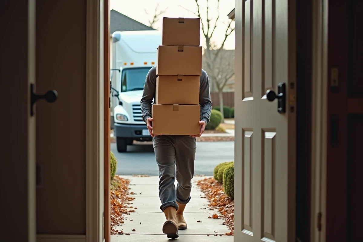 Homme portant des cartons de déménagement vers un camion devant une maison en automne