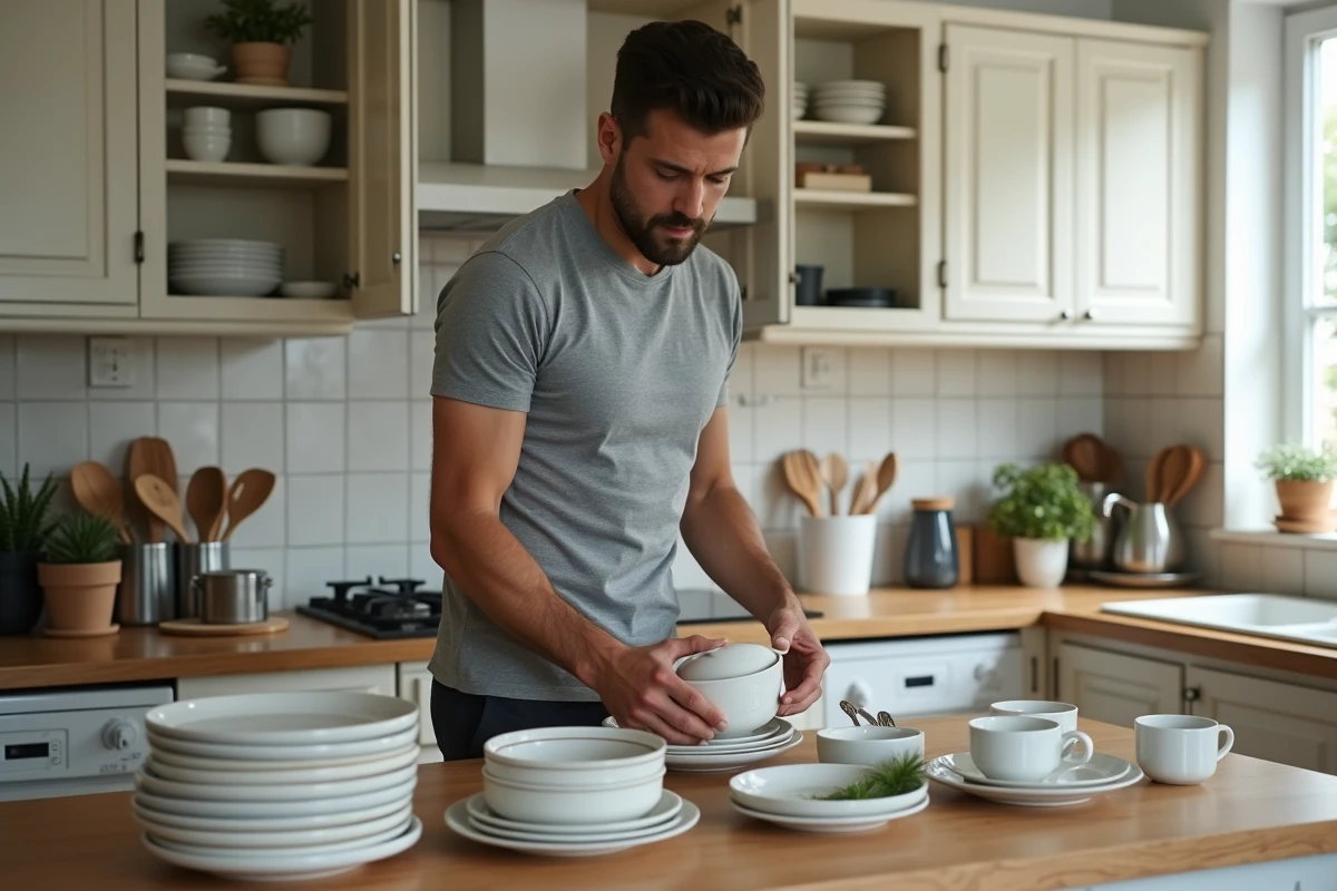 Homme qui organise et désencombre ses placards de cuisine en triant la vaisselle