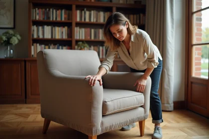 Femme installant une housse extensible sur un fauteuil canapé club en cuir dans un salon chaleureux