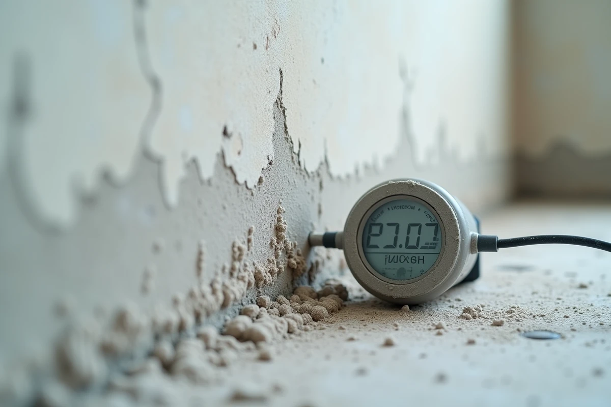Hygromètre numérique mesurant le taux d'humidité d'un mur en plâtre frais avant application de peinture