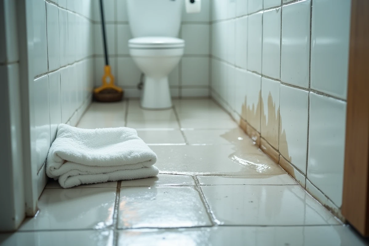 Dégât des eaux dans une salle de bain avec infiltration autour du sol carrelé et seuil abîmé