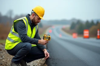 Ingénieur civil mesurant l'angle de pente d'une route avec un inclinomètre numérique sur un chantier de voirie