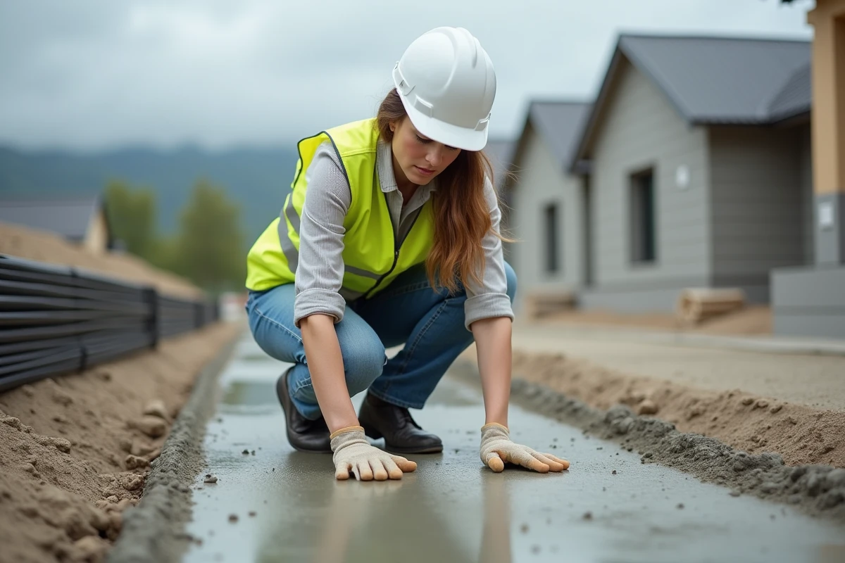 Ingénieure de chantier inspectant une dalle de béton fraîchement coulée sur un chantier résidentiel