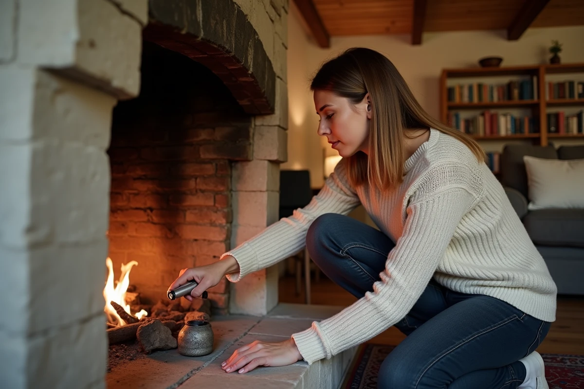 Femme inspectant l'intérieur d'une cheminée en pierre dans une maison de campagne française avant le ramonage annuel