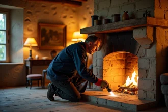Inspecteur vérifiant l'intérieur d'une cheminée en pierre dans une maison de campagne française