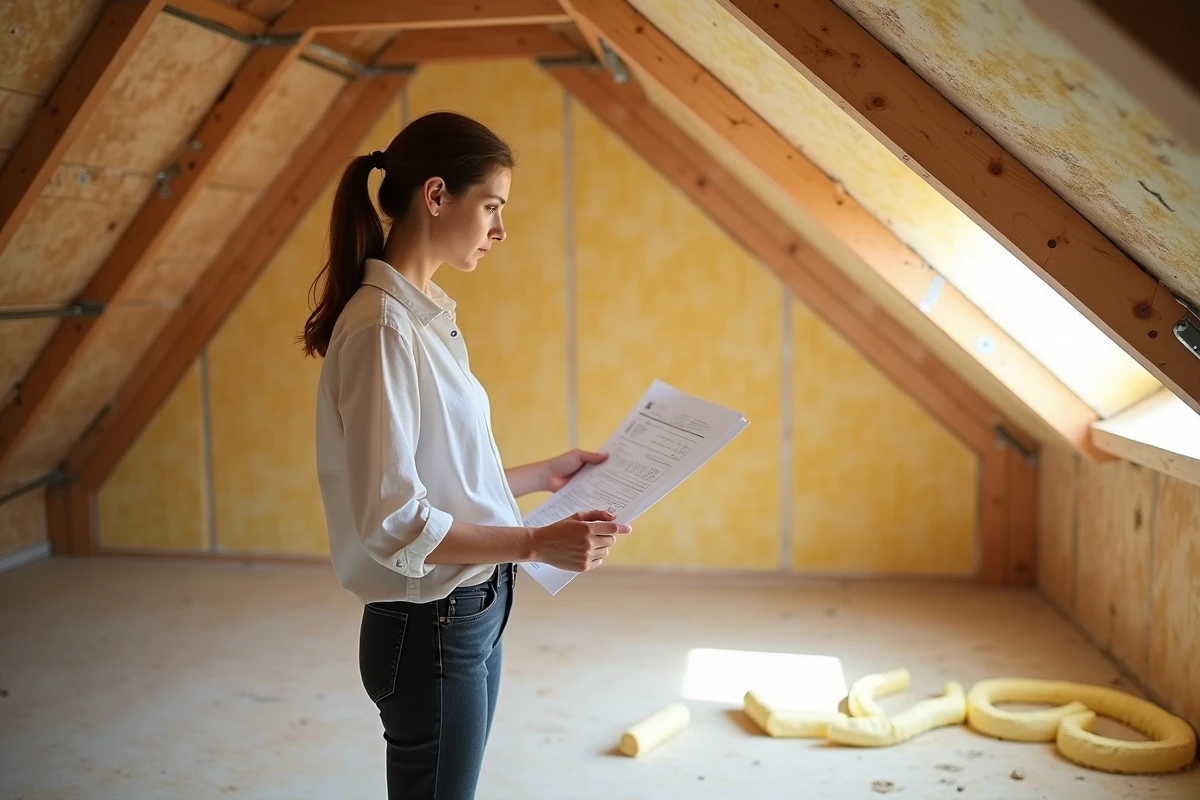 Architecte inspectant une isolation en mousse projetée dans une toiture en cours de rénovation