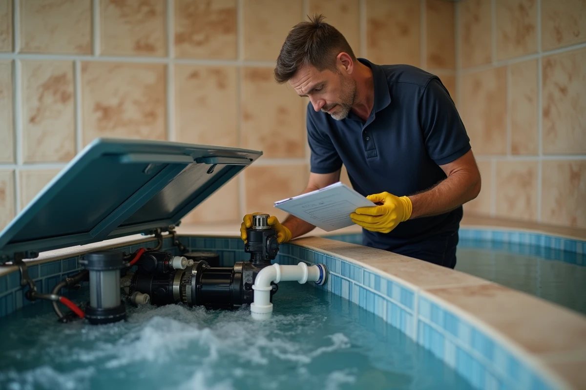 Homme inspectant la pompe et le système de filtration d'un spa intérieur