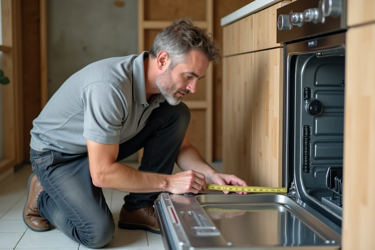 Installateur mesurant l'espace entre un lave-vaisselle et un four encastré lors d'une rénovation de cuisine