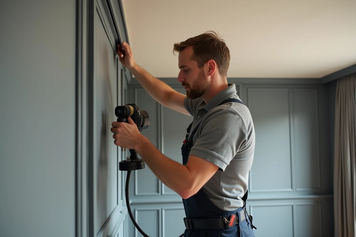 Artisan installant un plafond tendu haut de gamme dans un salon avec parquet en chevrons
