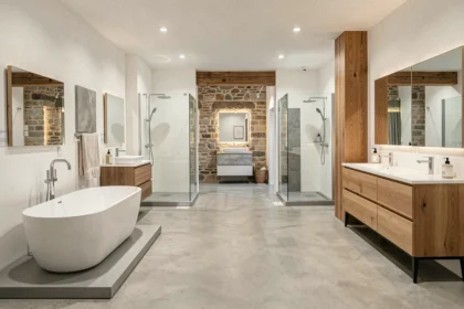 Showroom de salle de bain moderne présentant des équipements haut de gamme dans les Côtes-d'Armor