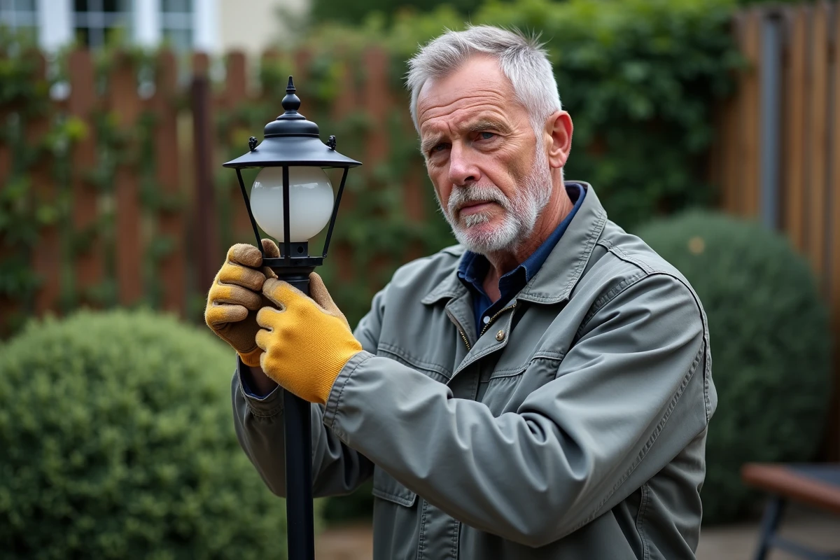 Homme installant une ampoule LED dans un lampadaire extérieur dans un jardin résidentiel