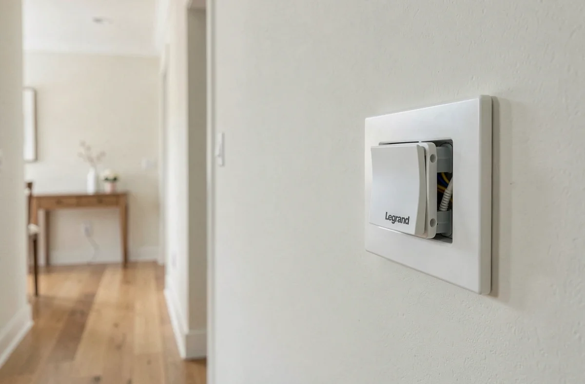Bouton poussoir Legrand installé sur plaque murale dans un couloir résidentiel moderne