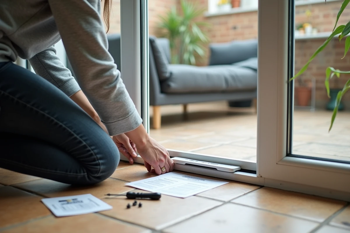 Personne installant une chatière amovible sur une porte-fenêtre coulissante dans un intérieur résidentiel