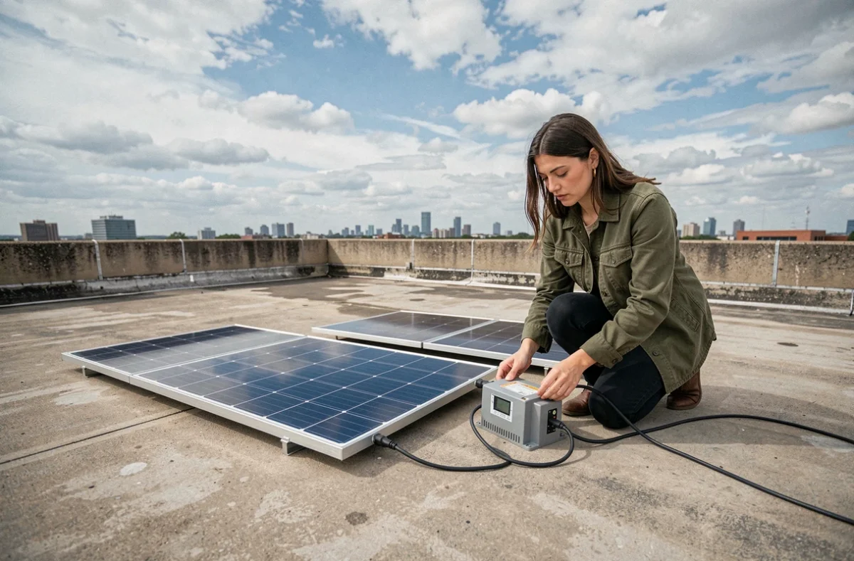 Femme installant un panneau solaire plug-and-play avec micro-onduleur sur une terrasse de toit