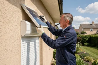 Technicien installant un panneau solaire pour volet roulant sur façade de maison individuelle