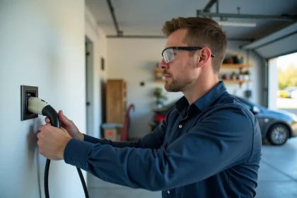 Électricien installant une prise murale pour borne de recharge électrique domestique dans un garage résidentiel