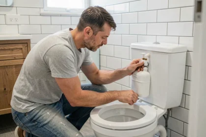 Homme installant lui-même un réservoir lave-mains WC dans une petite salle de bains carrelée