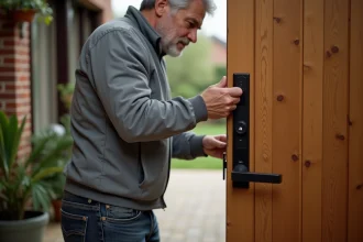 Homme installant une serrure connectée sur une porte d'entrée pour dissuader les cambrioleurs