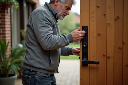 Homme installant une serrure connectée sur une porte d'entrée pour dissuader les cambrioleurs