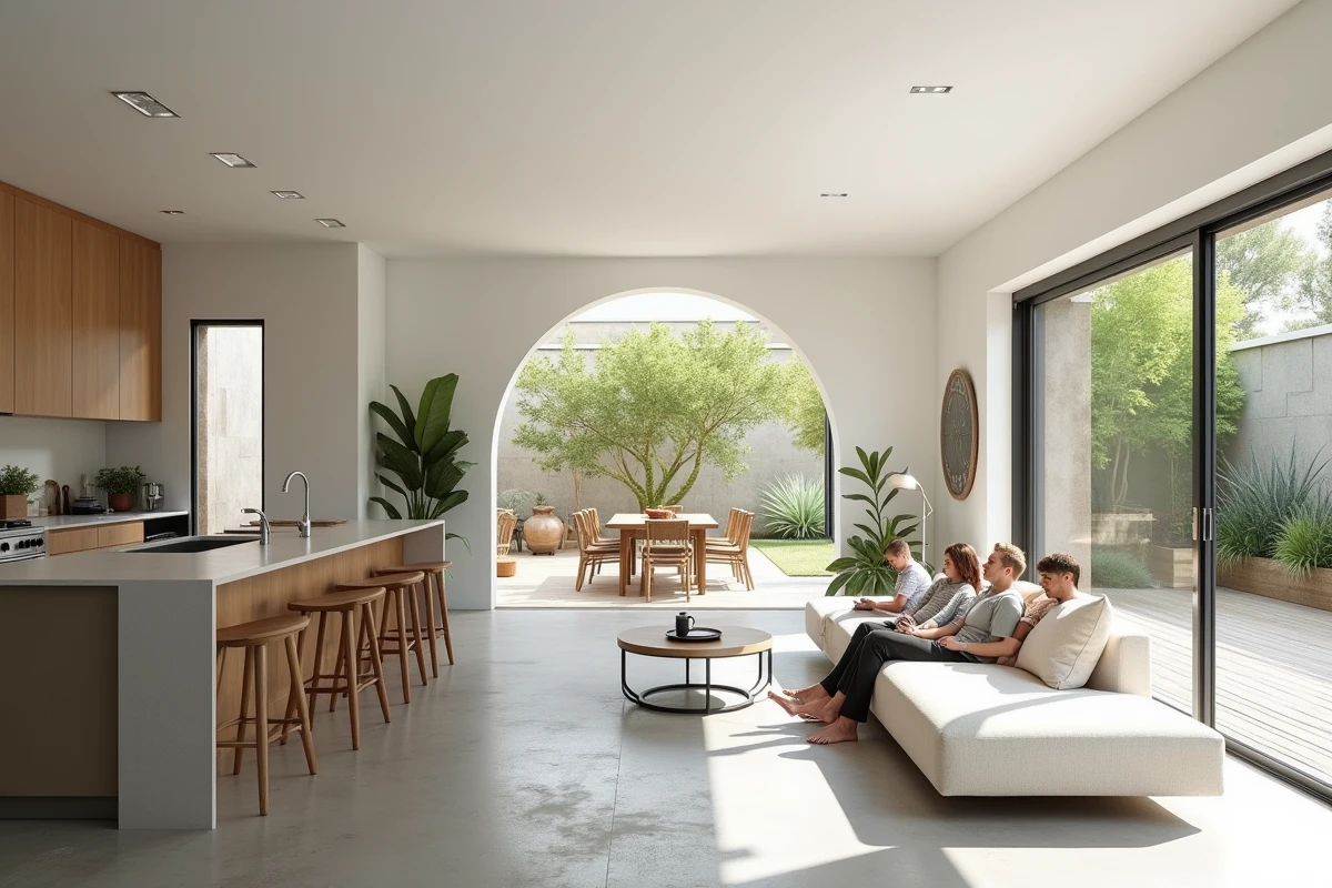 Intérieur lumineux d'une maison de plain-pied 4 chambres avec espace de vie ouvert adapté à un terrain étroit